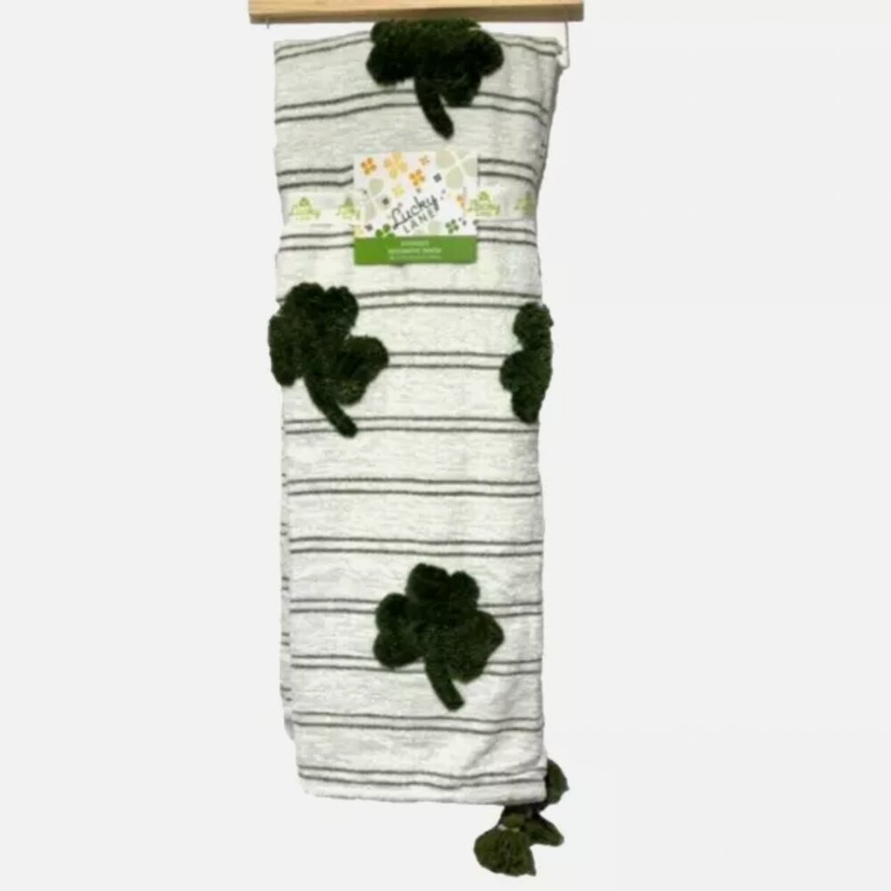 Lucky Lane Tufted Green Shamrocks Chenille Throw Blanket Clover St Patricks Day
